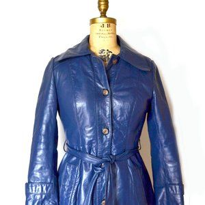 70s Blue Leather Coat Mod Belted Trench Retro